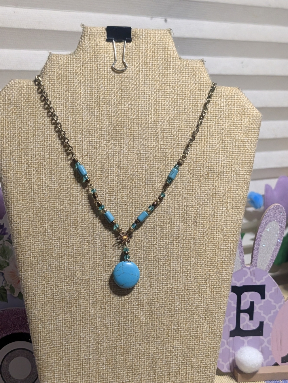 Boho Western Faux Turquoise Coin Pendant Antiqued Brass Tone Beaded Necklace
